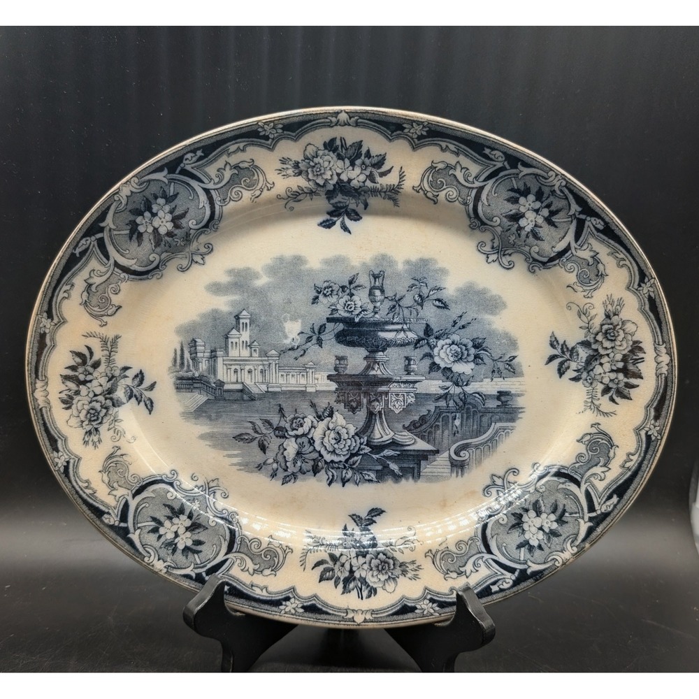 Antique Flow Black Oval Platter Fountain Estate Scene Transferware 19th Century